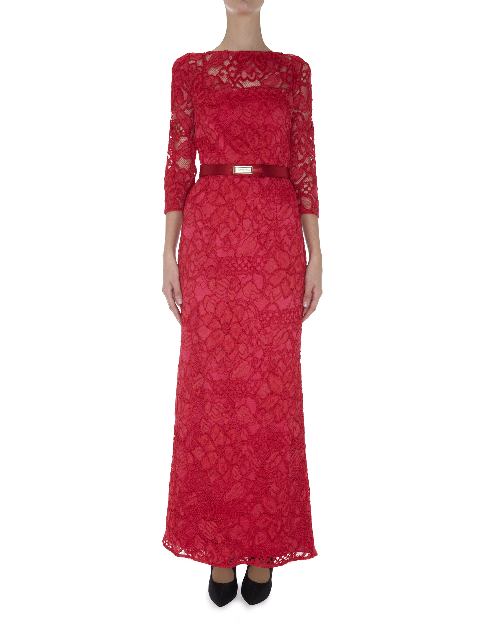 Long red straight dress with lace