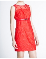 Geranium red brocade straight dress 