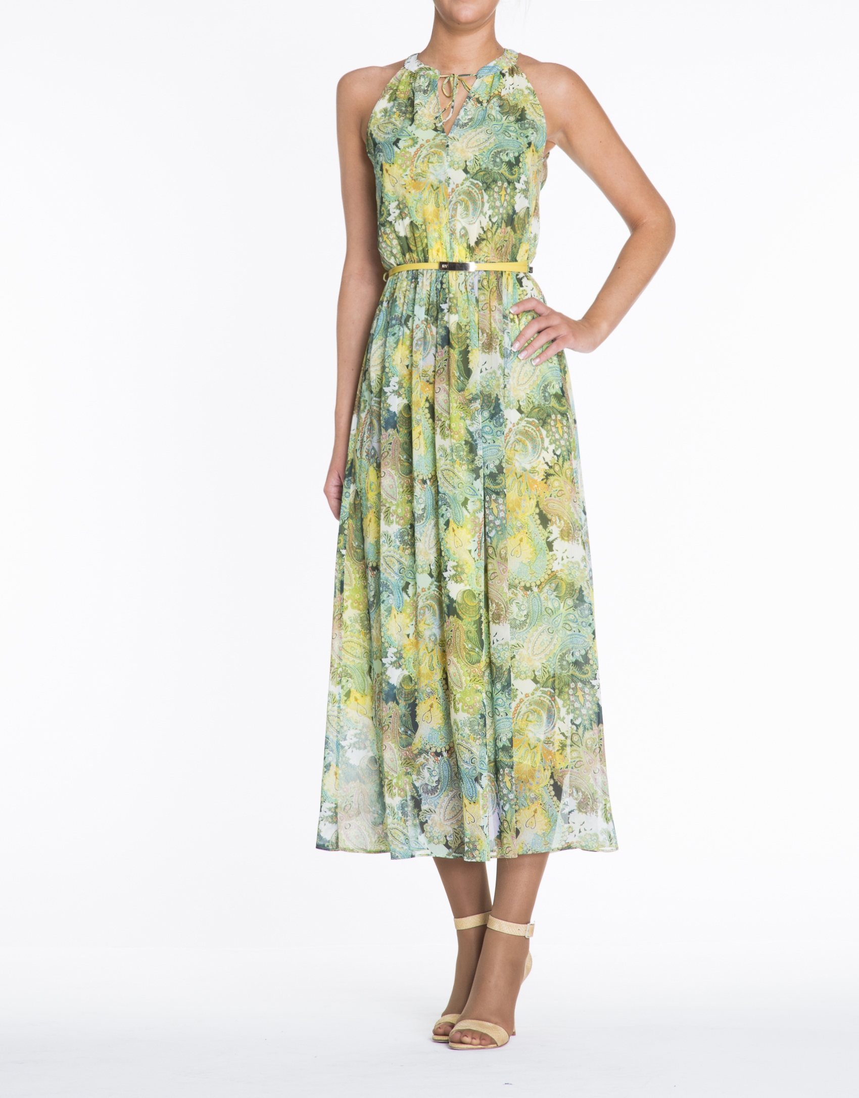 Green and yellow sleeveless print dress.