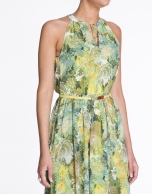 Green and yellow sleeveless print dress.