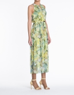 Green and yellow sleeveless print dress.