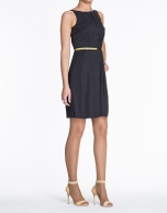 Navy blue sleeveless dress with tucks.