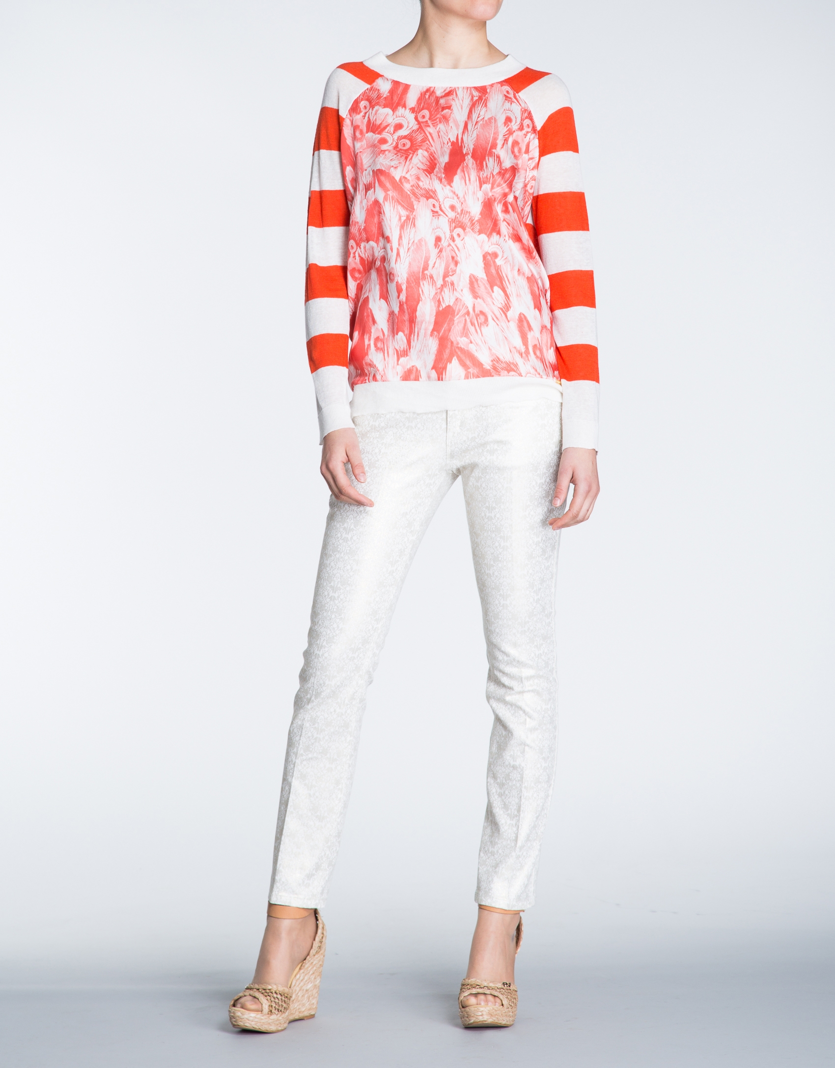 Coral striped print linen top 