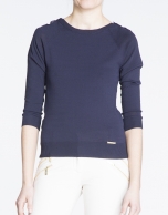 Navy blue boat neck sweater with gold buttons