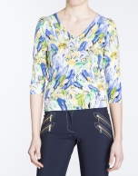 Feather print three-quarter sleeve top 