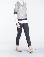 Black, beige and silver open knit bat sleeve sweater 