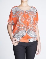 Print blouse with bat sleeves