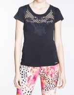 Black short sleeve lace front top