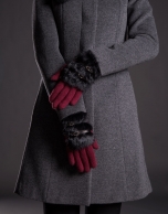 Burgundy knit gloves with black rabbit fur 