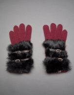 Burgundy knit gloves with black rabbit fur 