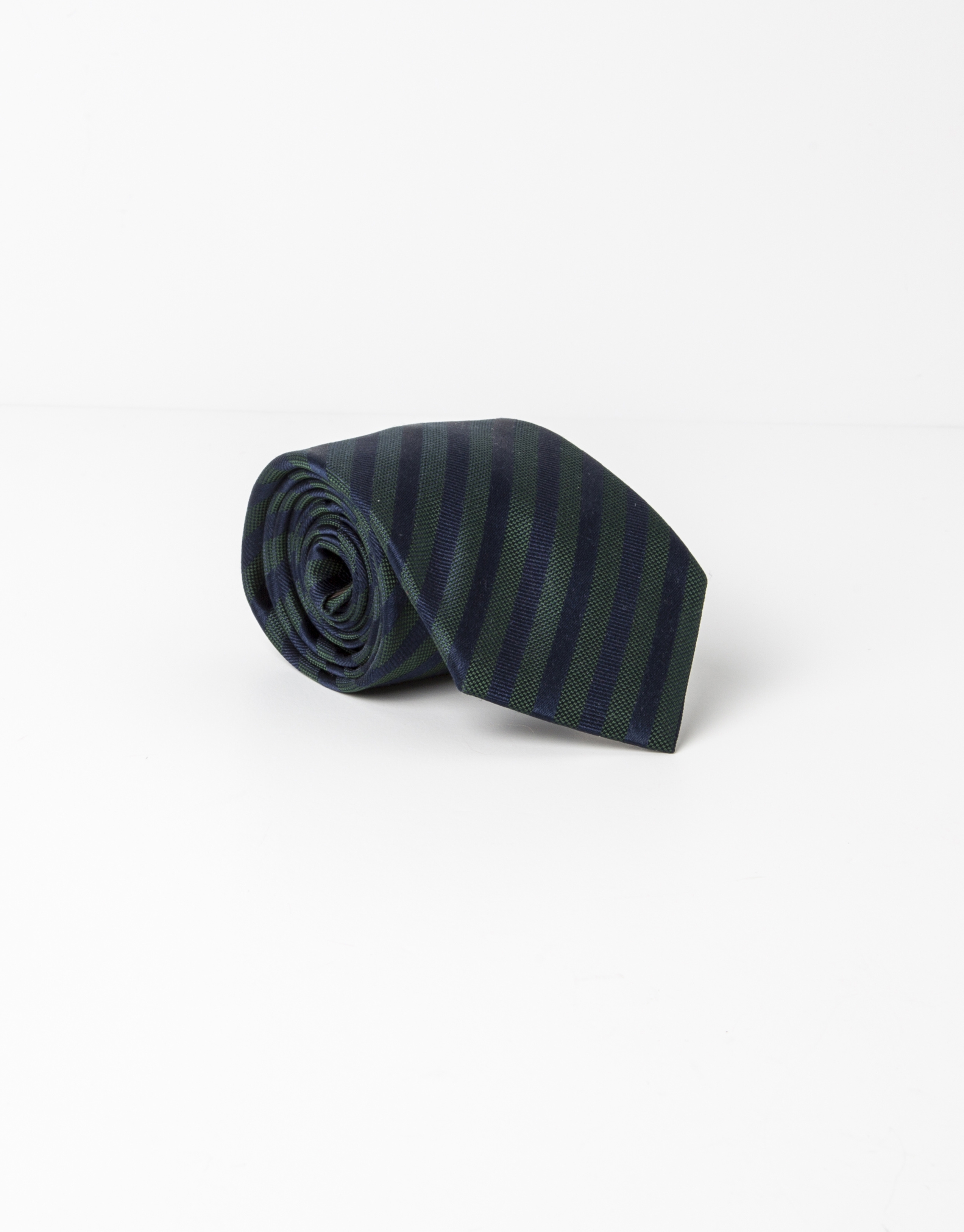 Green tie with navy and blue stripes