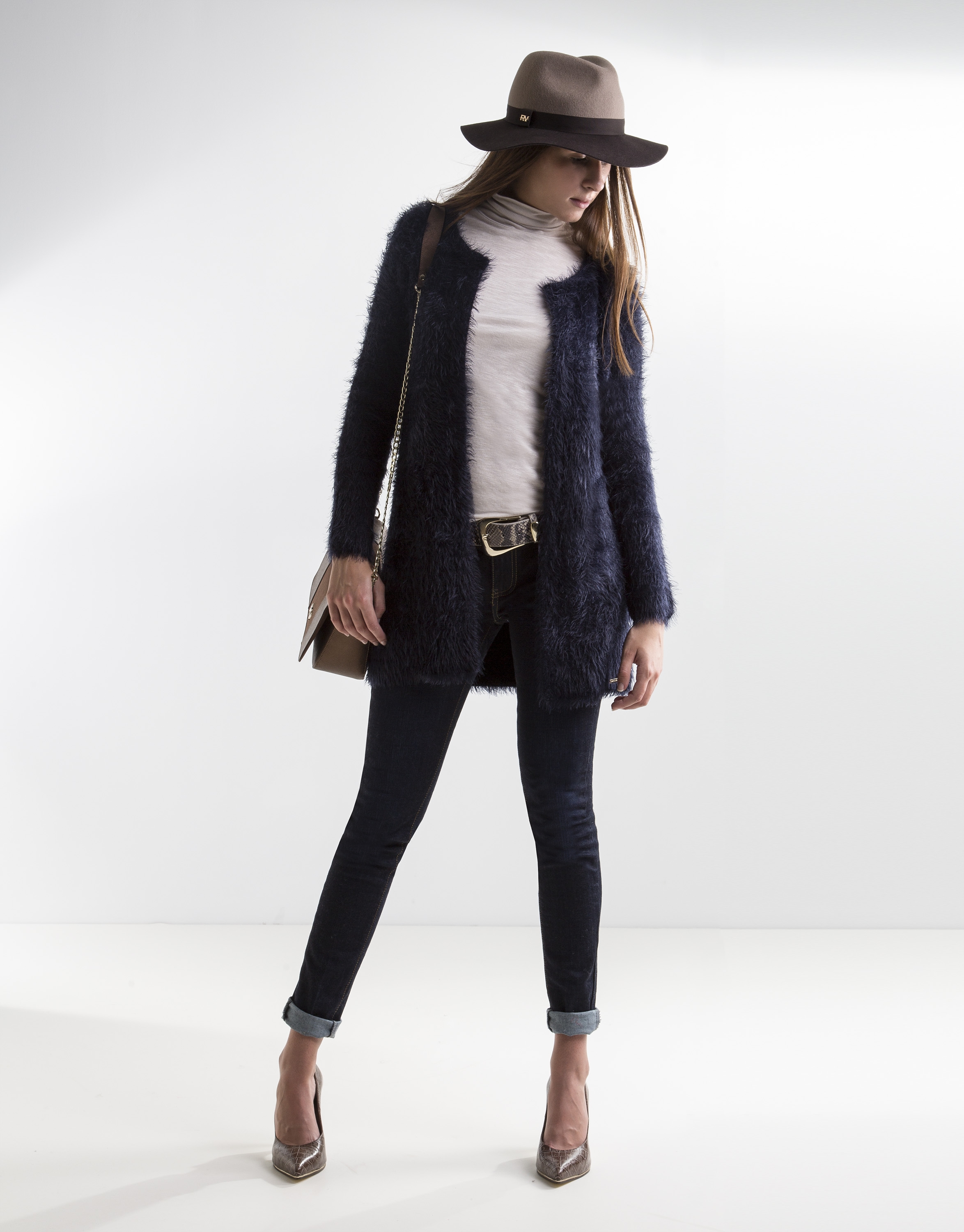 Long blue knit jacket