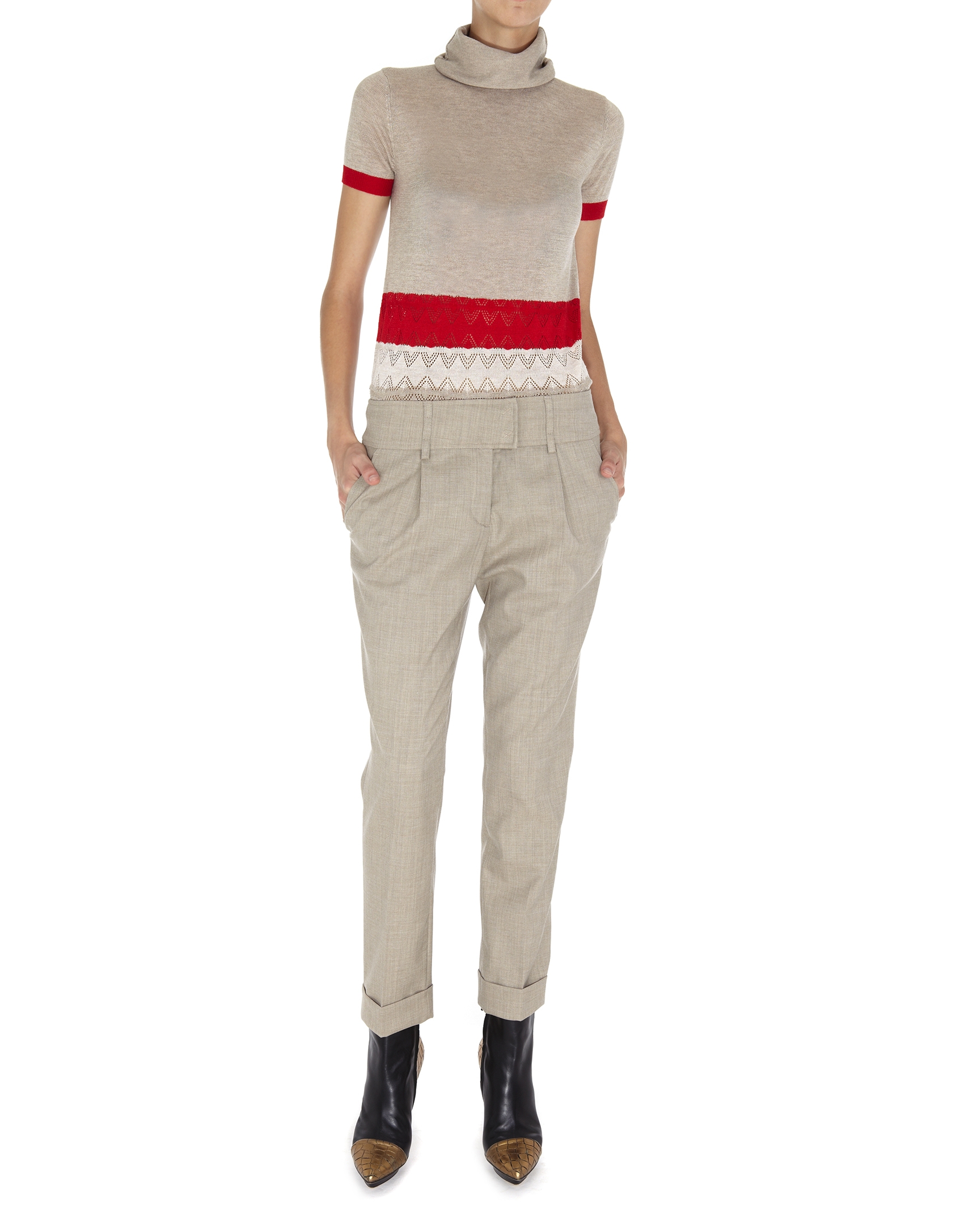 Beige and red striped openwork turtleneck top 