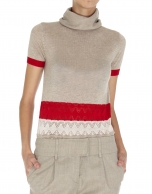 Beige and red striped openwork turtleneck top 