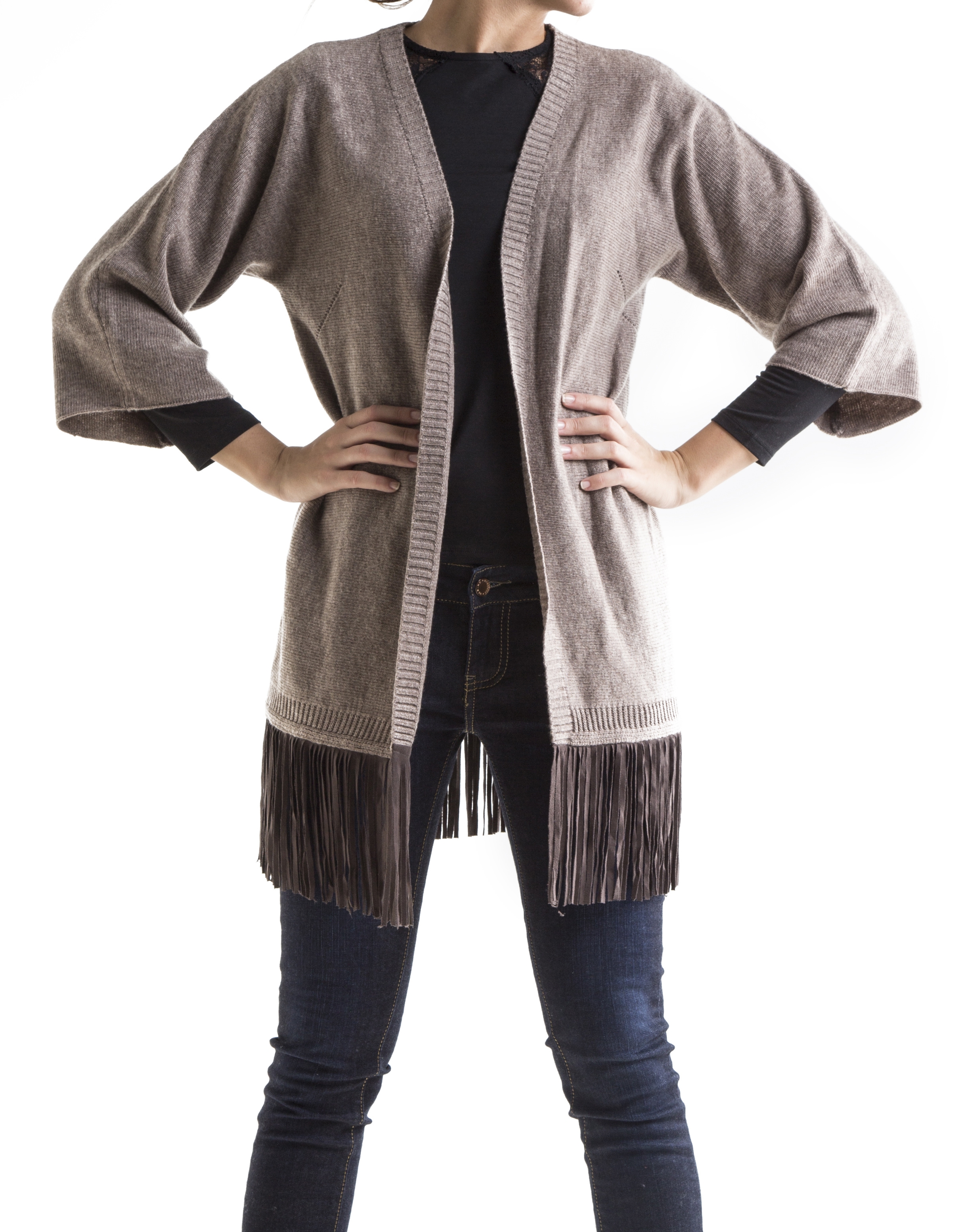 Beige knit fringed jacket