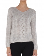 Beige V neck cable stitch sweater 