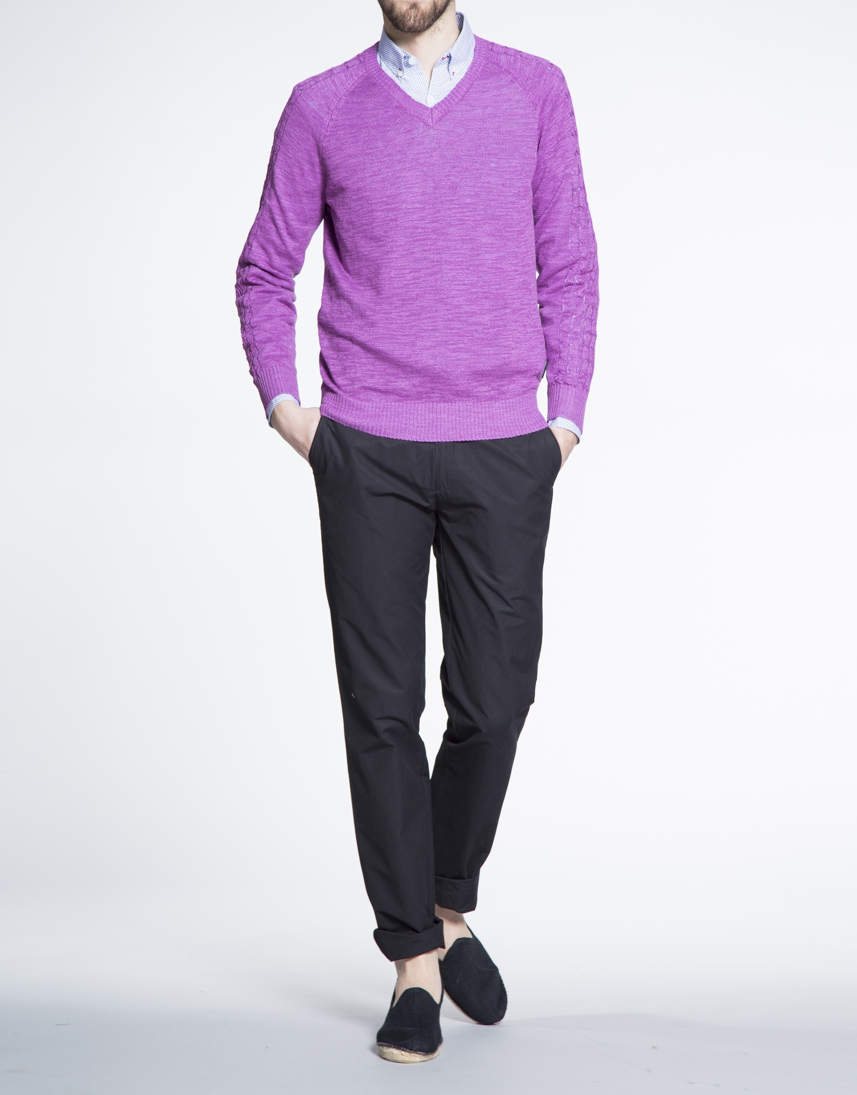 Purple cable stitch V neck sweater 