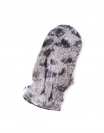 Black and blue animal print mittens with gray rabbit fur 