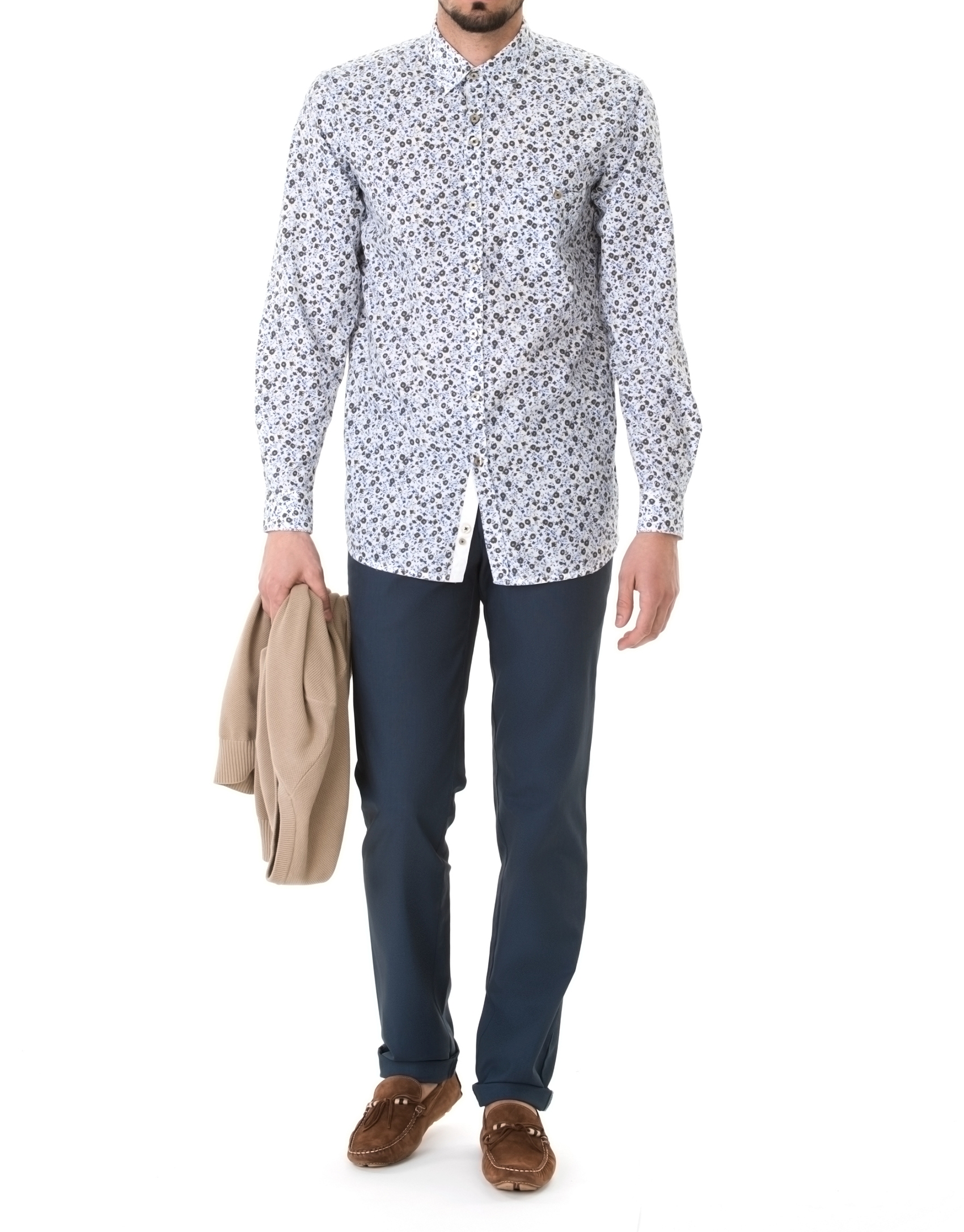 Blue and brown floral print premium fit sport shirt