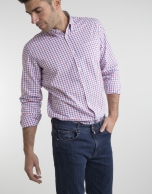 Coral/ deep blue checked shirt