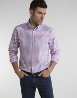 Coral/ deep blue checked shirt