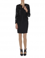 Black dressy jacket with combined plain and floral fabrics 