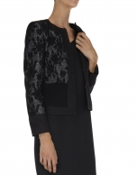 Black dressy jacket with combined plain and floral fabrics 