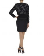 Black dressy jacket with combined plain and floral fabrics 