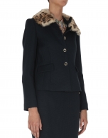 Olive green wool jacquard jacket with detachable fur collar