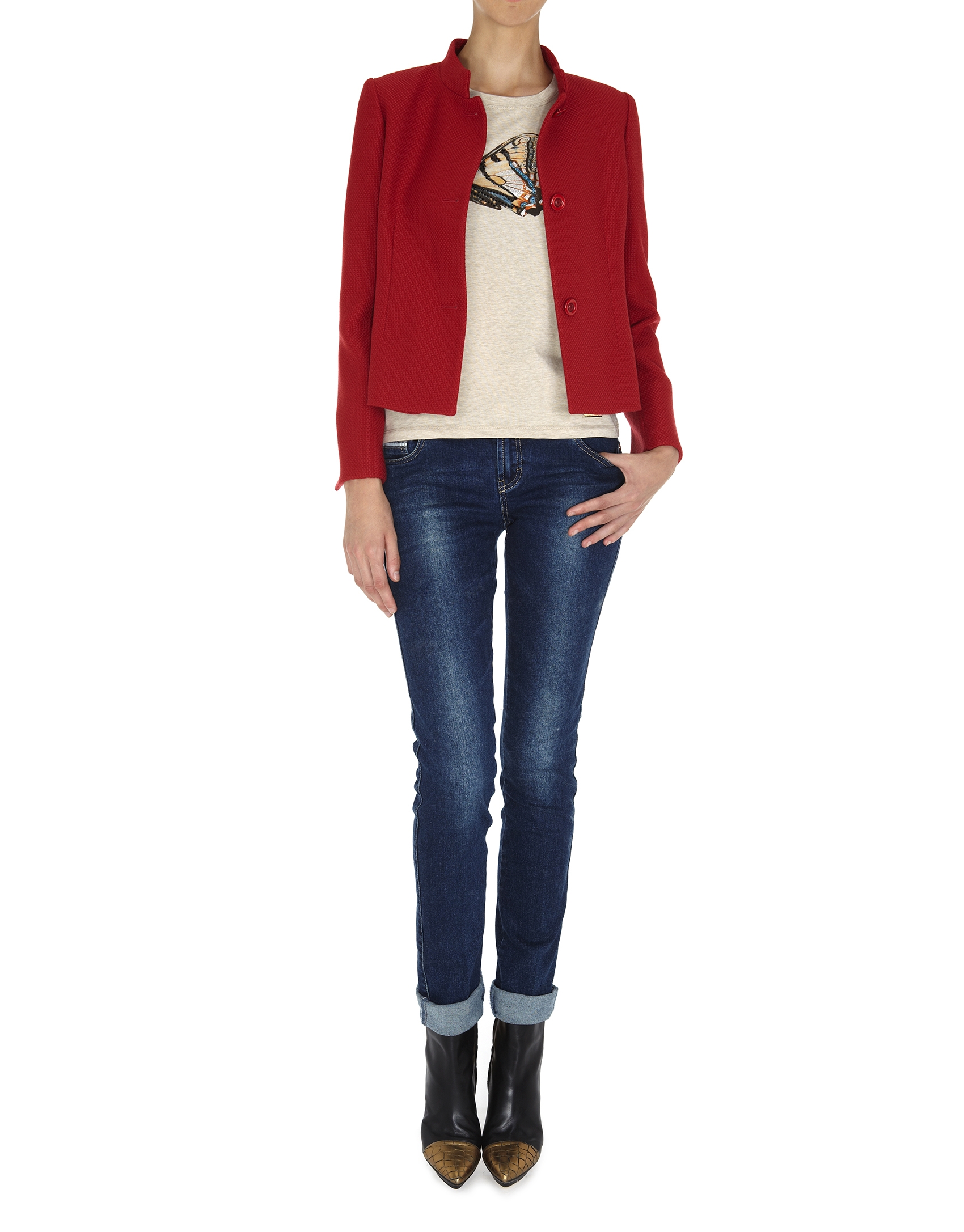 Chaqueta lana corta cuello Mao Jacquard rojo