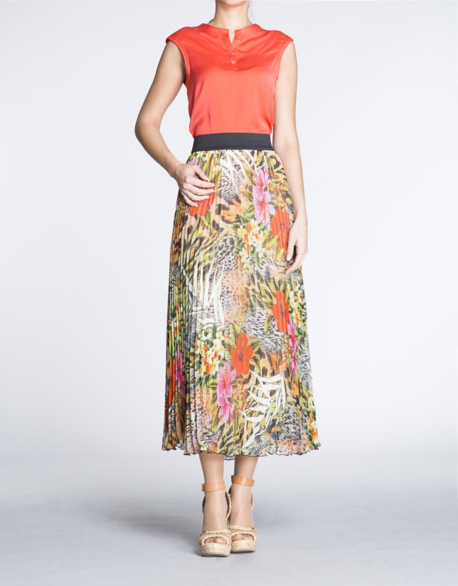 Floral print long pleated skirt 