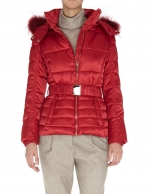 Short red trench coat with fur hood