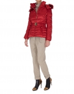 Short red trench coat with fur hood