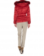 Short red trench coat with fur hood