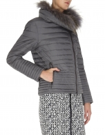 Gray quilted windbreaker with fur collar