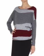 Gray and red dolman sleeve sweater.