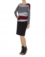 Gray and red dolman sleeve sweater.