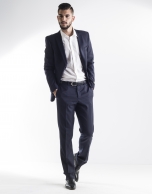 Navy blue pinstriped suit