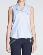 Sleeveless blue and white Vichy shirt