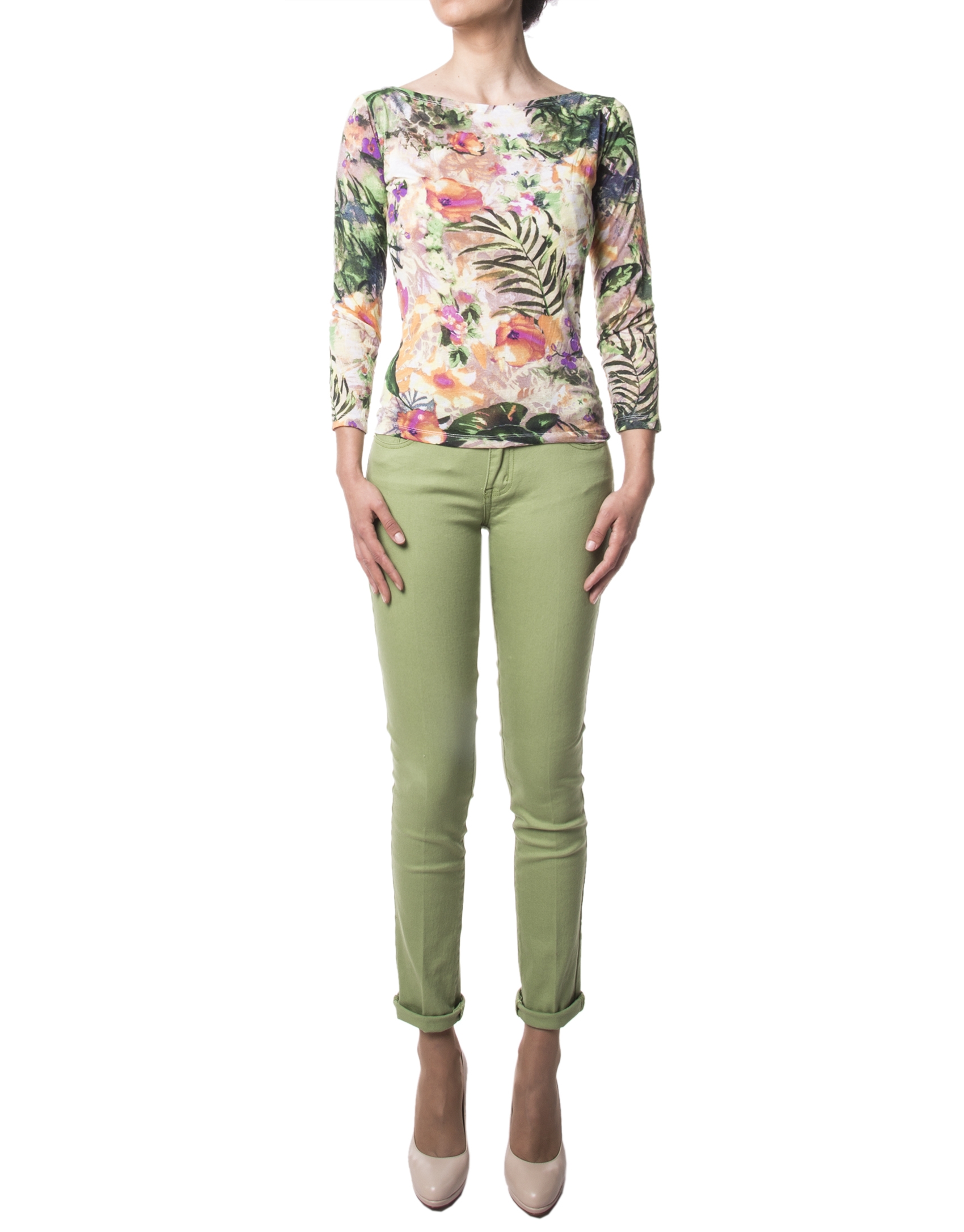 Green floral print, long-sleeved t-shirt 