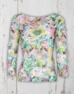 Green floral print knit top