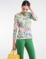 Green floral print knit top