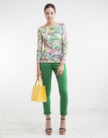 Green floral print knit top