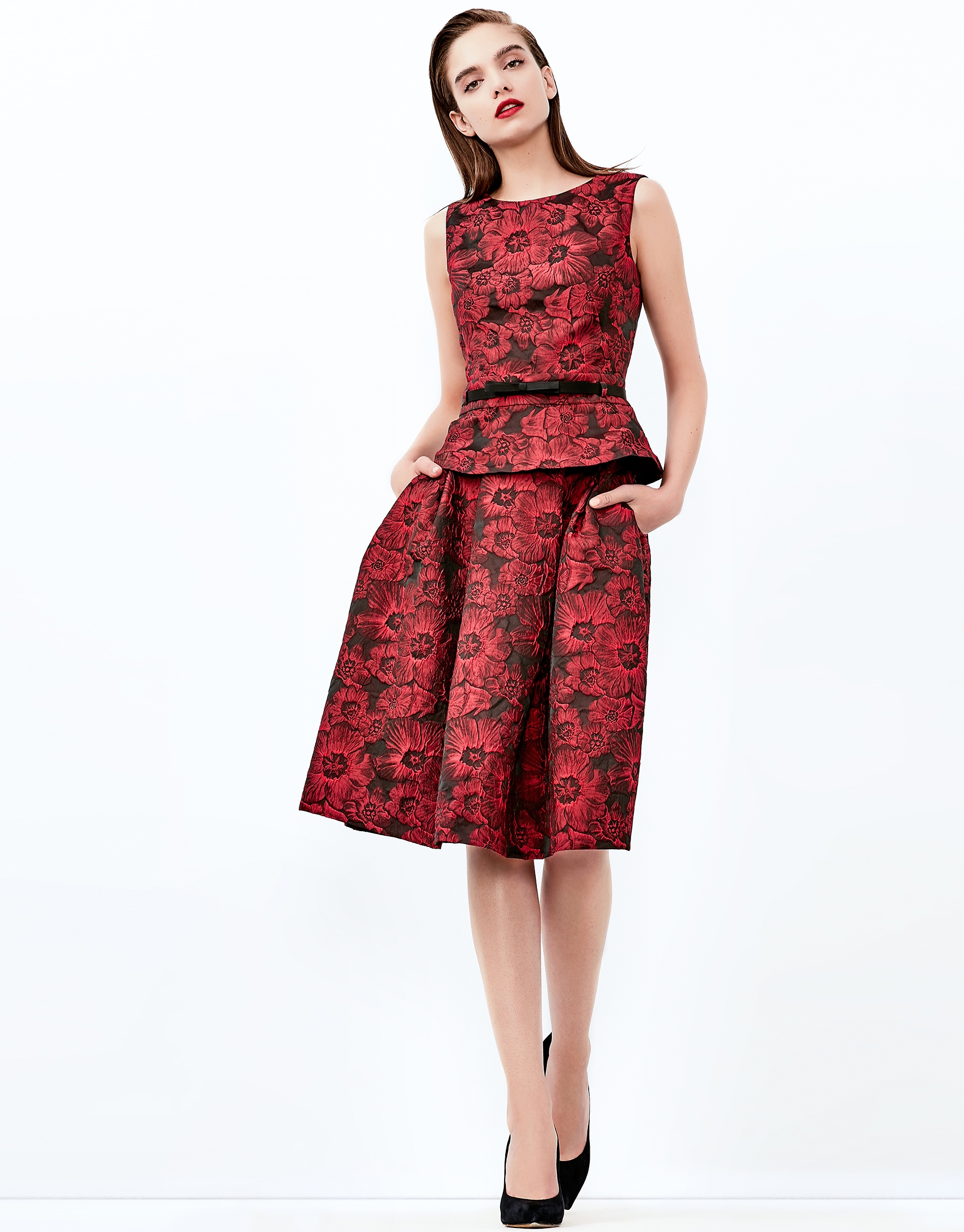 Burgundy jacquard midi skirt