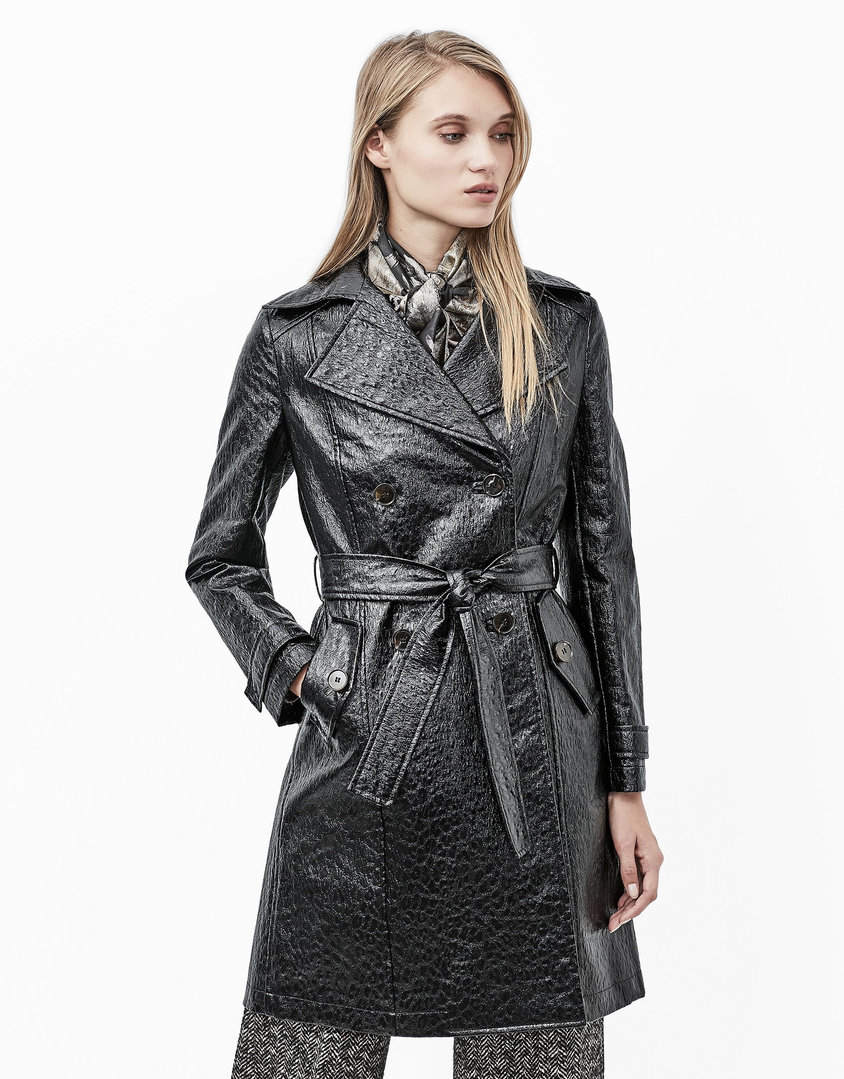 Long coat with black alligator embossing