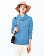 Blue sweater with stovepipe collar