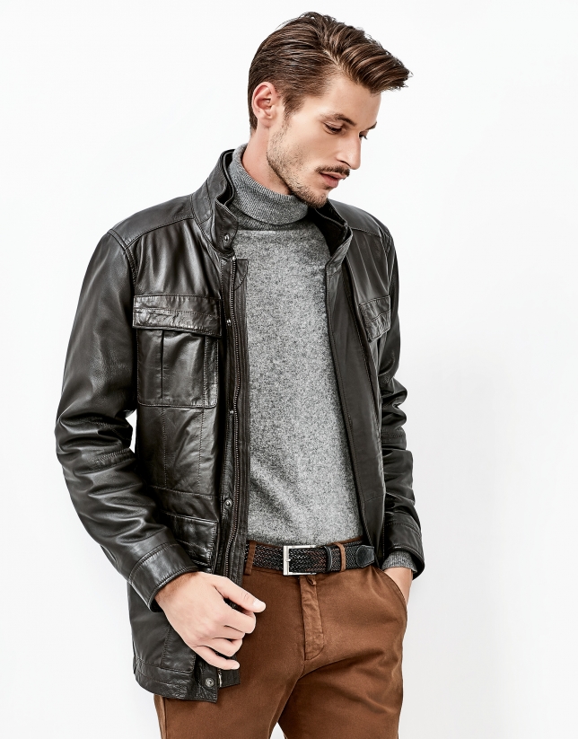 Zanahoria diapositiva Alpinista Brown leather parka - Coats and Jackets - Man | Roberto Verino