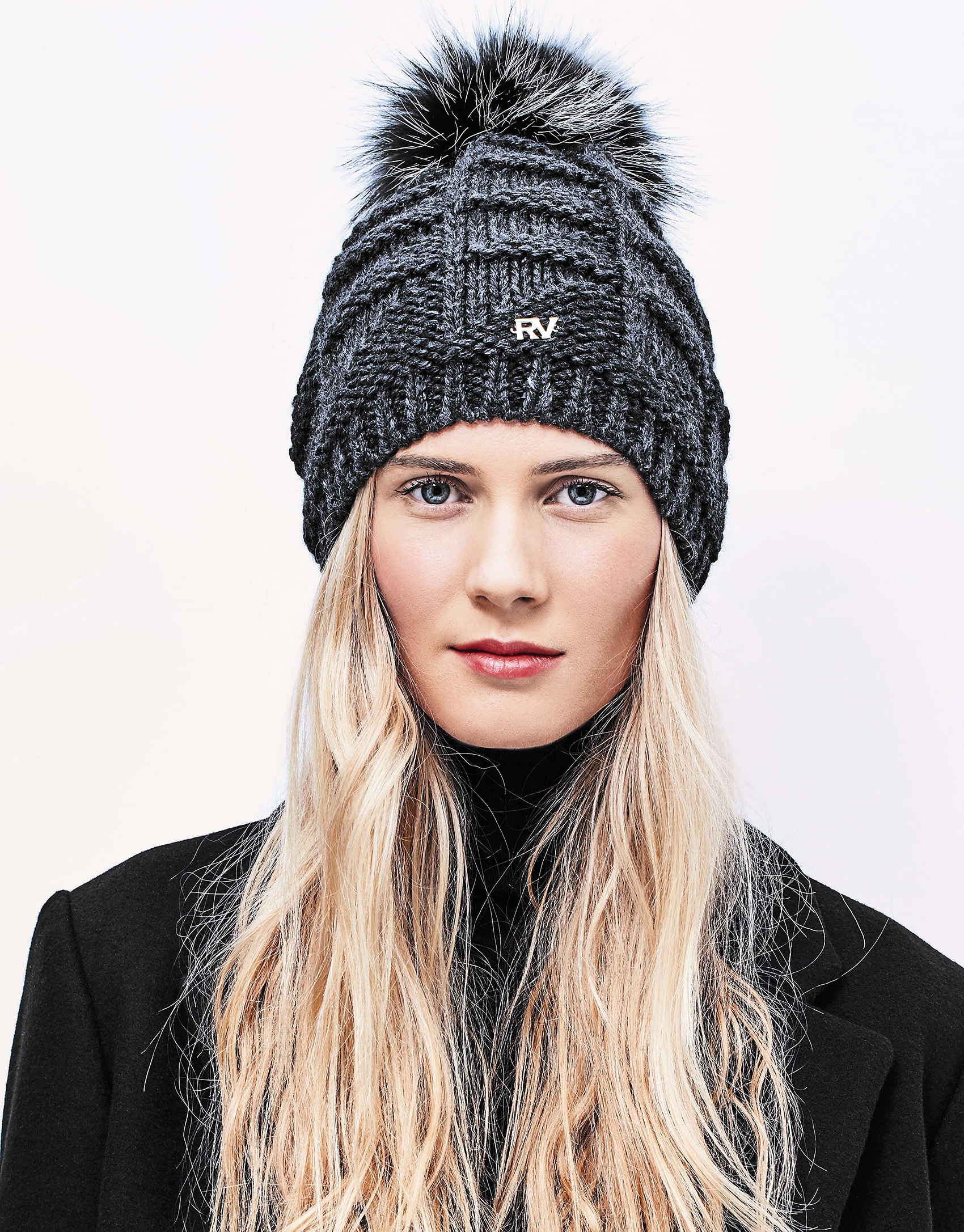 Gray knit cap with pompom