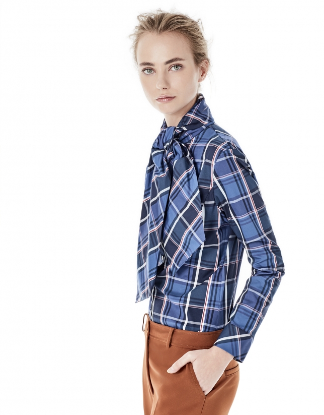 Blue checked shirt with bow