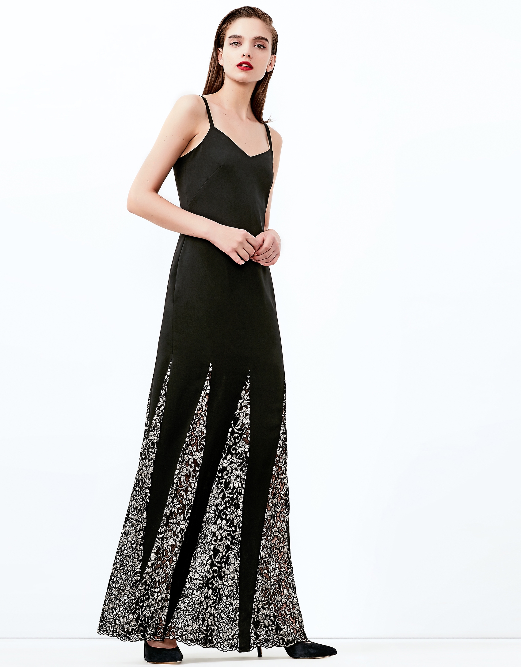 Black, long godet dress